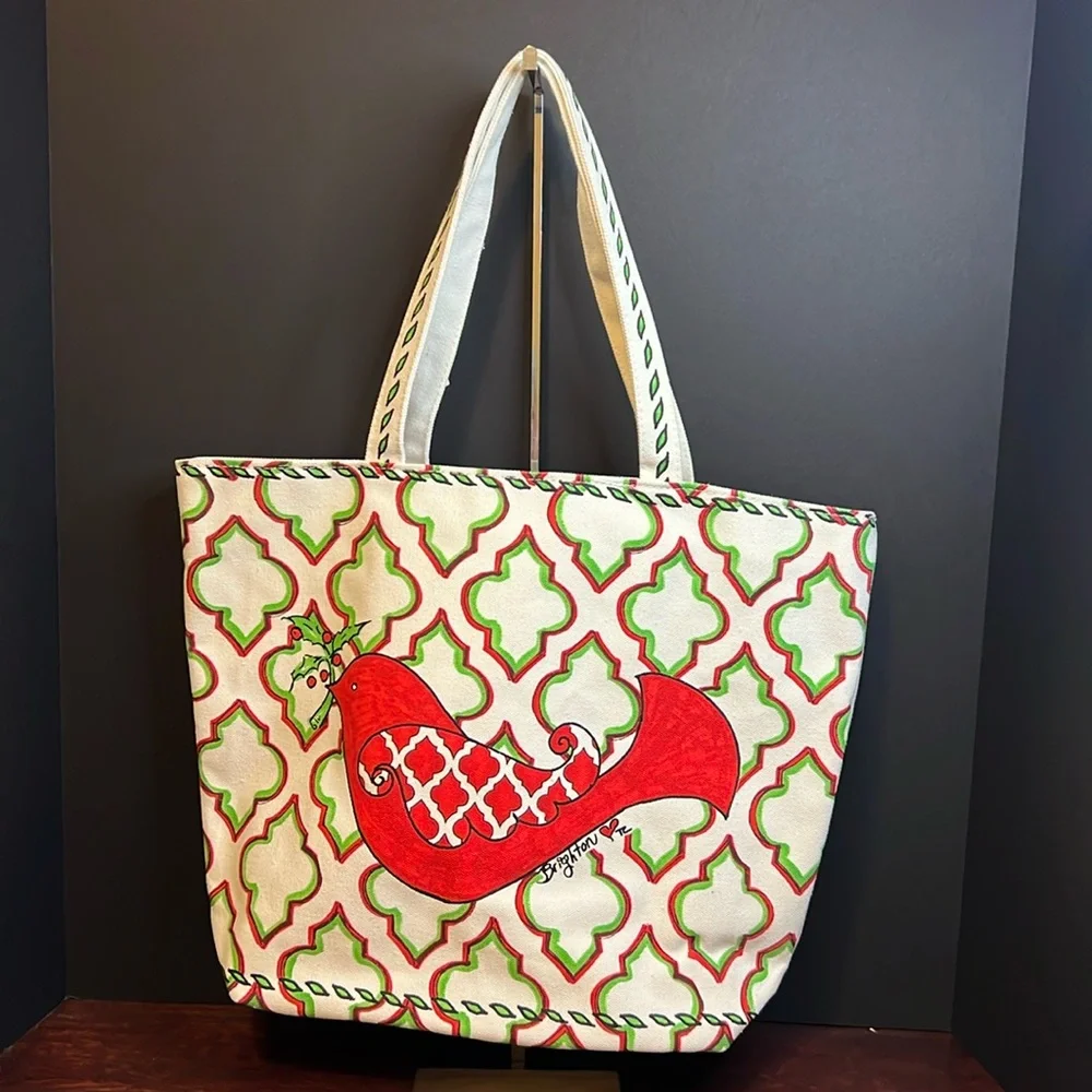 ❤️ Brighton NEW Beige Red Green Love & Joy Canvas Tote ❤️ - Picture 1 of 9